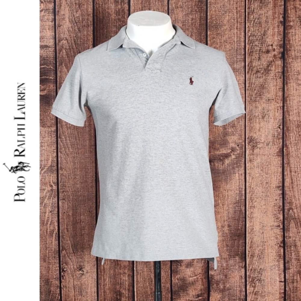 Vtg Gray Custom Fit Mens Mesh Knit Polo With Burgundy Pony Excellent Condition